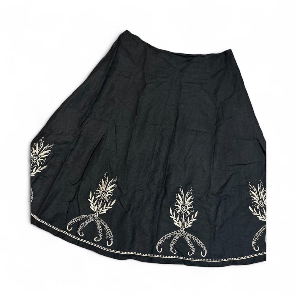Euro summer linen blend skirt 2X full witchy boho whimsy goth black embroidered